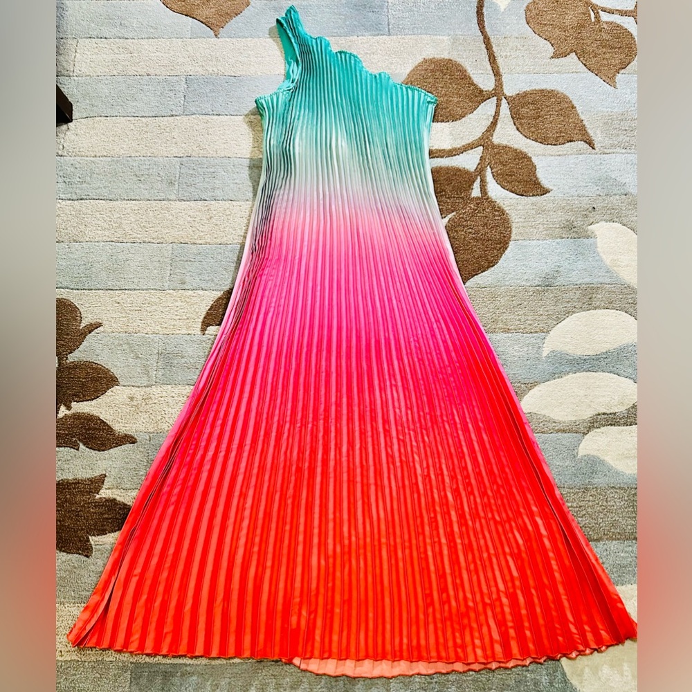 Nicole Miller Sleeveless One Shoulder Summer Sunset Ombré Satin Plissé Gown - Picture 4 of 11